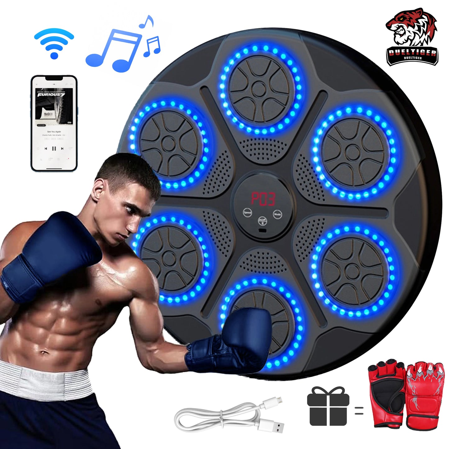 מכונת אגרוף חכמה לאימון ביתי וחדר כושר 🥊 | חיבור בלוטות' למוזיקה, תצוגת לד, טעינה מהירה והתקנה קלה ללא קידוח