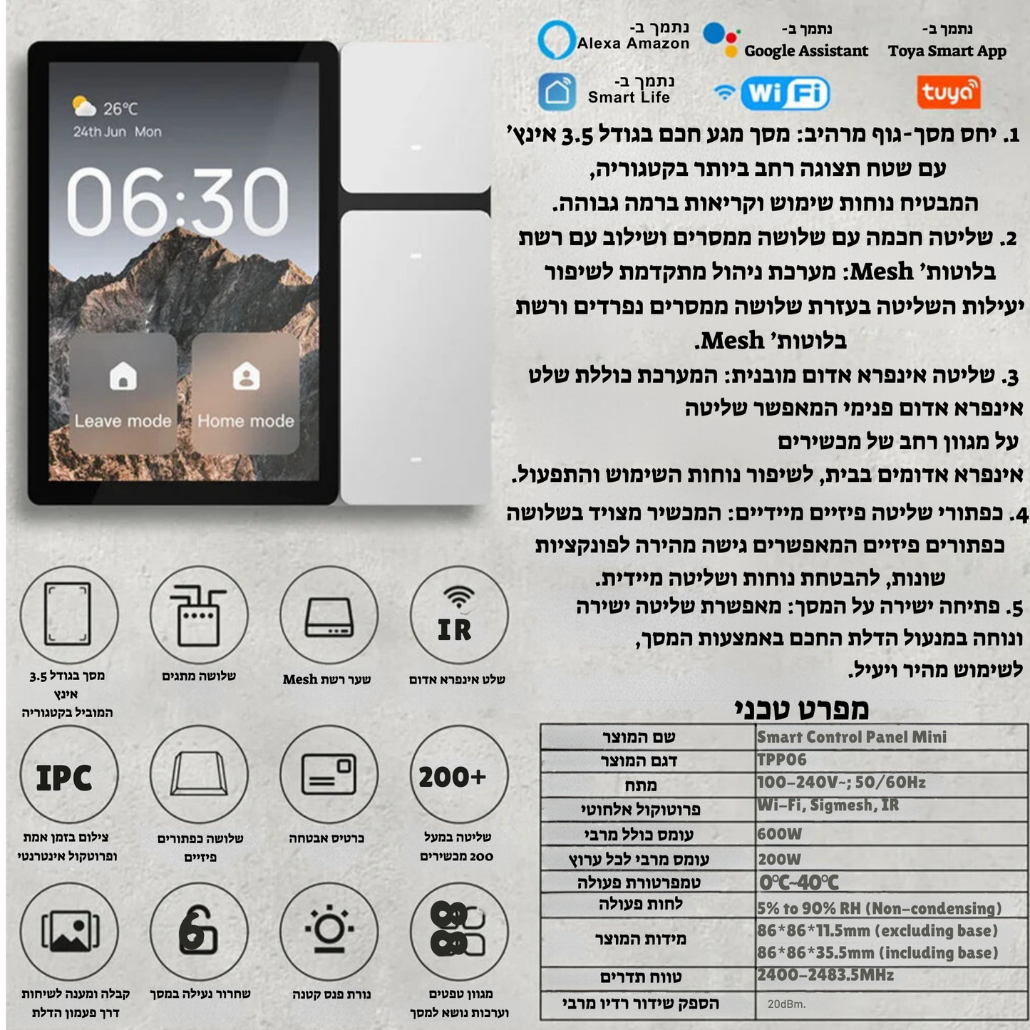 פאנל בקרת בית חכם 3.5 אינצ’ עם חיבור WiFi ו-Bluetooth - כולל 3 יציאות, 3 כפתורים ושלט IR מובנה לשליטה על כל מוצרי הבית החכם שלך