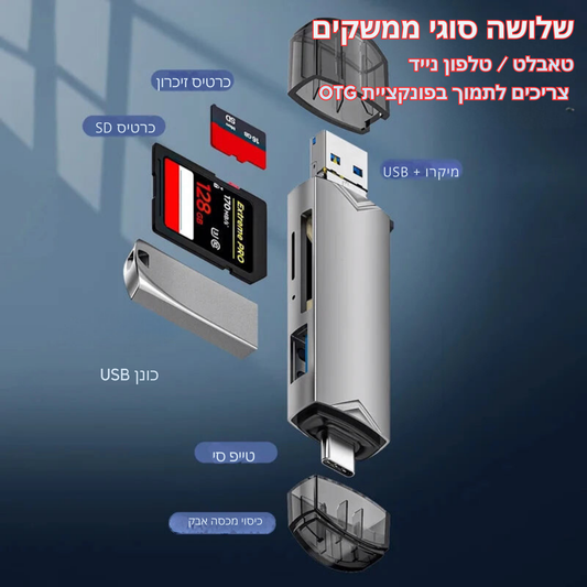 מתאם רב-תכליתי 6 ב-1 לקריאת כרטיסי זיכרון במהירות גבוהה – USB 3.0, Type-C, Micro USB – מתאים לכרטיסי מיקרו ולכרטיסי זיכרון סטנדרטיים
