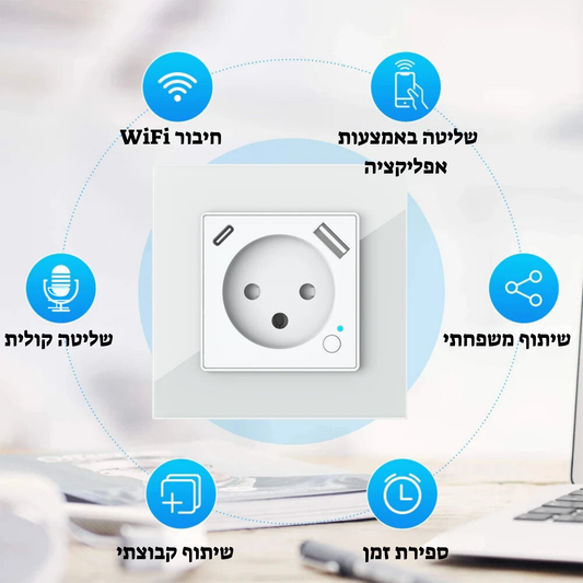 שקע חכם ישראלי עם WiFi – שקע קיר עם יציאת USB ו-Type-C PD 20W, בקרת קול עם Alexa, ניהול מרחוק והגדרת טיימר דרך אפליקציה חכמה