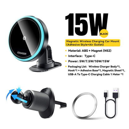 ‏מעמד מגנטי חכם לרכב עם טעינה אלחוטית 15W מבית Essager - תומך MagSafe לאייפון עם תאורת LED
