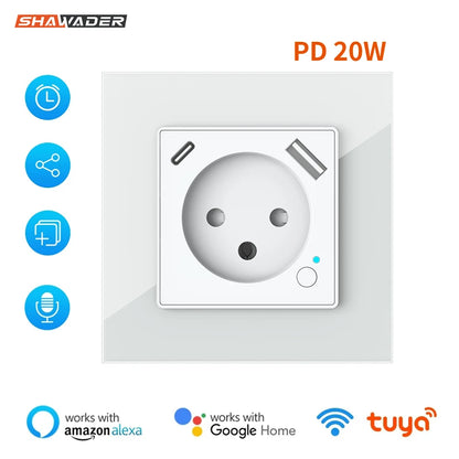 שקע חכם ישראלי עם WiFi – שקע קיר עם יציאת USB ו-Type-C PD 20W, בקרת קול עם Alexa, ניהול מרחוק והגדרת טיימר דרך אפליקציה חכמה