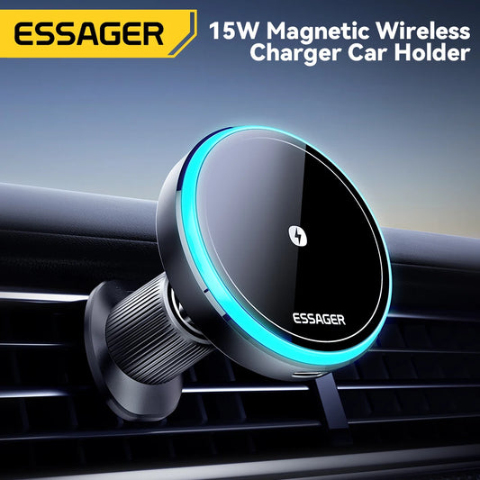 ‏מעמד מגנטי חכם לרכב עם טעינה אלחוטית 15W מבית Essager - תומך MagSafe לאייפון עם תאורת LED