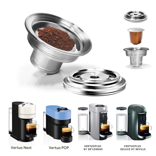 מתאם קפסולות רב-פעמי איכותי למכונות Nespresso VertuoLine | מנירוסטה עמידה, תואם לדגמי Vertuo Next ו-Pop | פתרון חסכוני ואקולוגי לשימוש בקפסולות מקוריות