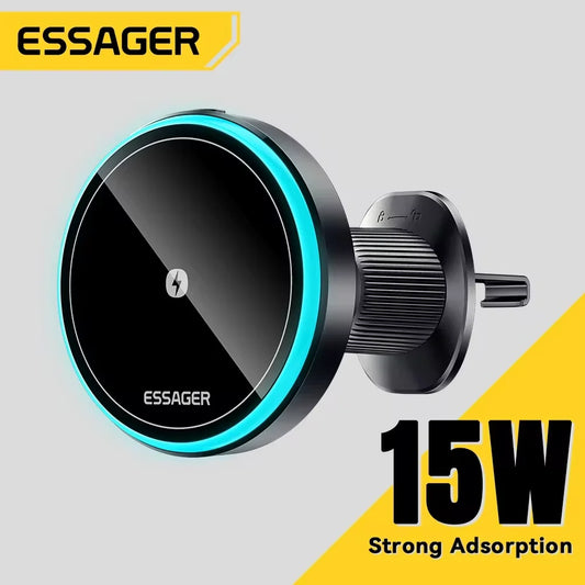 ‏מעמד מגנטי חכם לרכב עם טעינה אלחוטית 15W מבית Essager - תומך MagSafe לאייפון עם תאורת LED