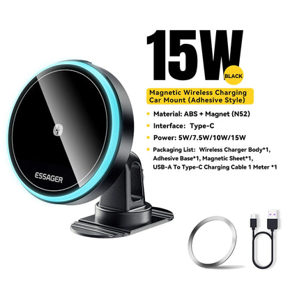 ‏מעמד מגנטי חכם לרכב עם טעינה אלחוטית 15W מבית Essager - תומך MagSafe לאייפון עם תאורת LED