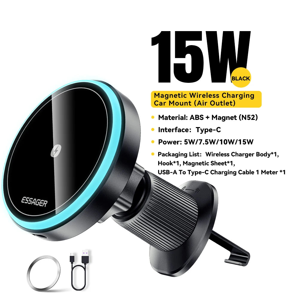 ‏מעמד מגנטי חכם לרכב עם טעינה אלחוטית 15W מבית Essager - תומך MagSafe לאייפון עם תאורת LED